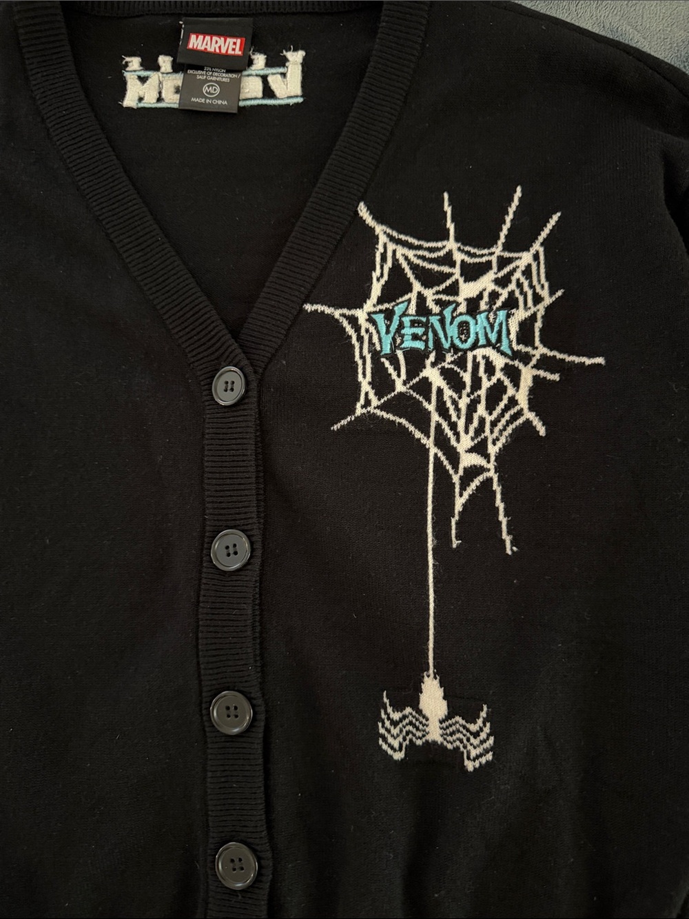 Marvel Black Venom Spiderweb Button-Front Cardigan Sweater